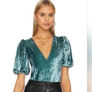 Free people Teal Velvet Puff Sleeve Top